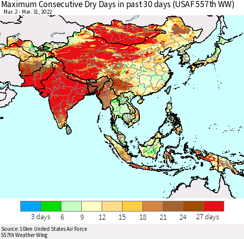 Asia Maximum Consecutive Dry Days in past 30 days (USAF 557th WW) 03/31/2022 Thematic Map For 3/26/2022 - 3/31/2022