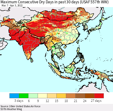 Asia Maximum Consecutive Dry Days in past 30 days (USAF 557th WW) 04/05/2022 Thematic Map For 4/1/2022 - 4/5/2022