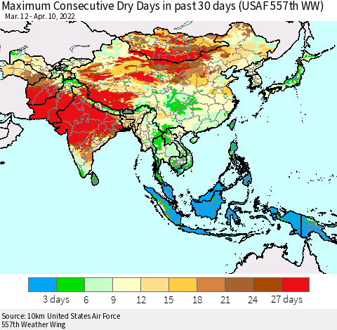 Asia Maximum Consecutive Dry Days in past 30 days (USAF 557th WW) 04/10/2022 Thematic Map For 4/6/2022 - 4/10/2022