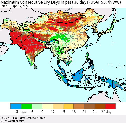 Asia Maximum Consecutive Dry Days in past 30 days (USAF 557th WW) 04/15/2022 Thematic Map For 4/11/2022 - 4/15/2022
