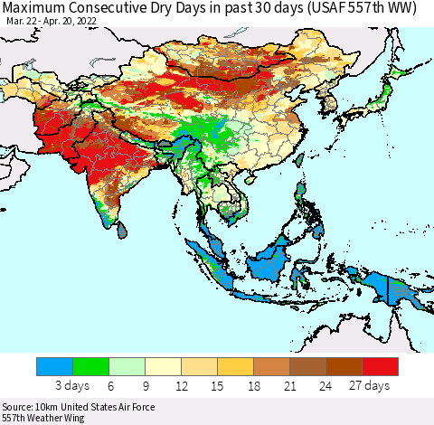 Asia Maximum Consecutive Dry Days in past 30 days (USAF 557th WW) 04/20/2022 Thematic Map For 4/16/2022 - 4/20/2022