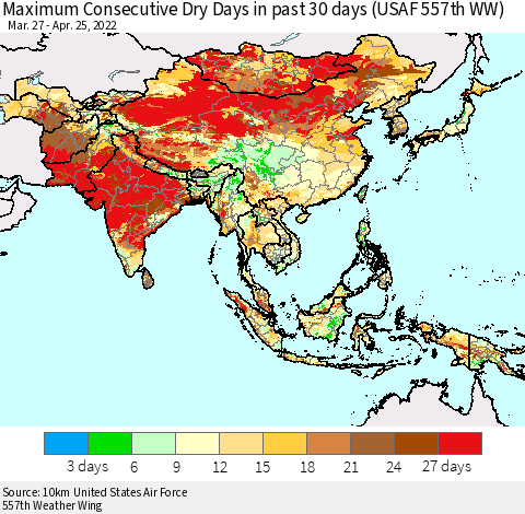 Asia Maximum Consecutive Dry Days in past 30 days (USAF 557th WW) 04/25/2022 Thematic Map For 4/21/2022 - 4/25/2022