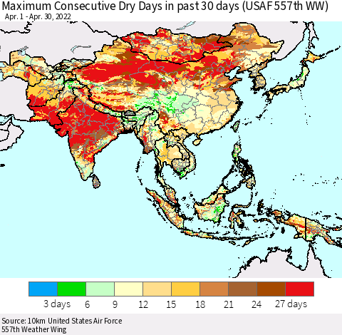 Asia Maximum Consecutive Dry Days in past 30 days (USAF 557th WW) 04/30/2022 Thematic Map For 4/26/2022 - 4/30/2022