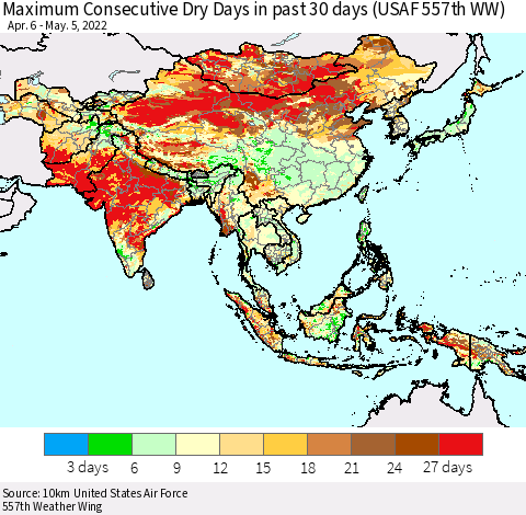 Asia Maximum Consecutive Dry Days in past 30 days (USAF 557th WW) 05/05/2022 Thematic Map For 5/1/2022 - 5/5/2022