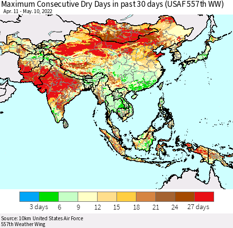 Asia Maximum Consecutive Dry Days in past 30 days (USAF 557th WW) 05/10/2022 Thematic Map For 5/6/2022 - 5/10/2022