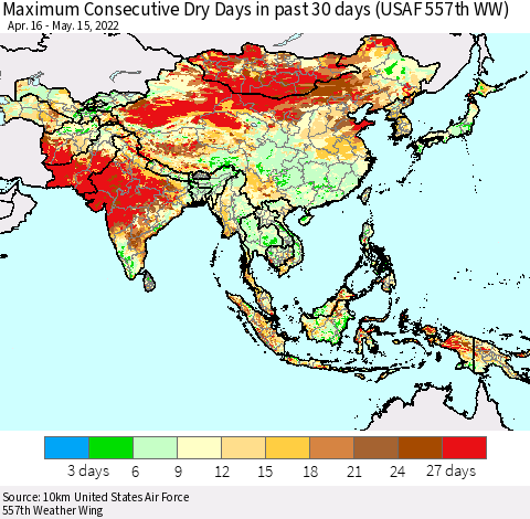 Asia Maximum Consecutive Dry Days in past 30 days (USAF 557th WW) 05/15/2022 Thematic Map For 5/11/2022 - 5/15/2022