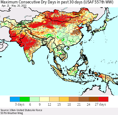 Asia Maximum Consecutive Dry Days in past 30 days (USAF 557th WW) 05/20/2022 Thematic Map For 5/16/2022 - 5/20/2022