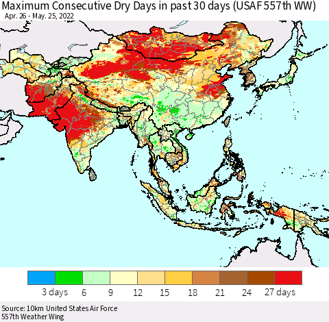 Asia Maximum Consecutive Dry Days in past 30 days (USAF 557th WW) 05/25/2022 Thematic Map For 5/21/2022 - 5/25/2022