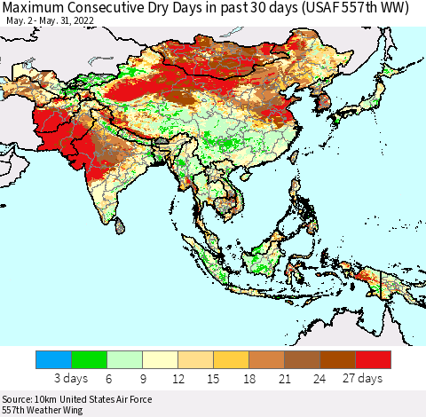 Asia Maximum Consecutive Dry Days in past 30 days (USAF 557th WW) 05/31/2022 Thematic Map For 5/26/2022 - 5/31/2022