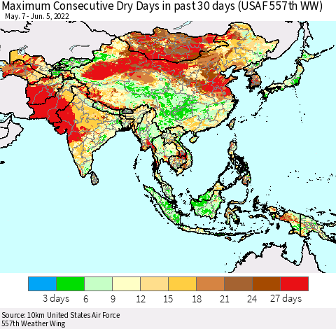 Asia Maximum Consecutive Dry Days in past 30 days (USAF 557th WW) 06/05/2022 Thematic Map For 6/1/2022 - 6/5/2022