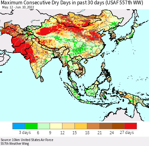 Asia Maximum Consecutive Dry Days in past 30 days (USAF 557th WW) 06/10/2022 Thematic Map For 6/6/2022 - 6/10/2022