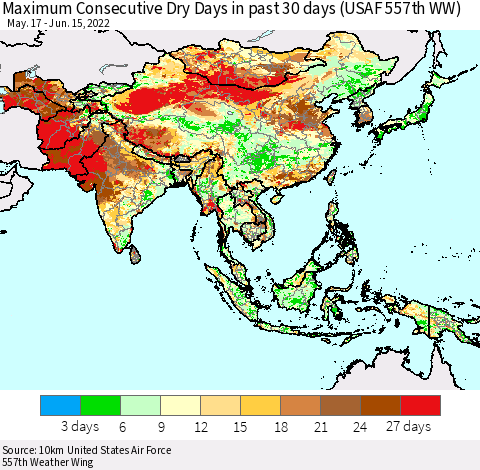 Asia Maximum Consecutive Dry Days in past 30 days (USAF 557th WW) 06/15/2022 Thematic Map For 6/11/2022 - 6/15/2022