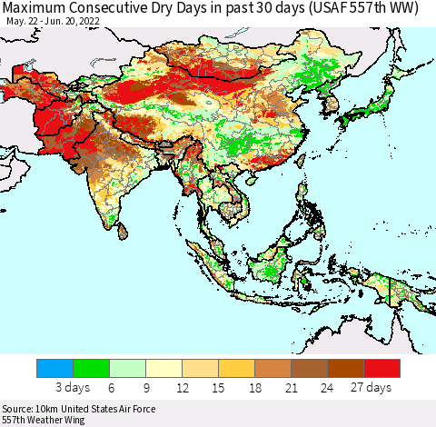 Asia Maximum Consecutive Dry Days in past 30 days (USAF 557th WW) 06/20/2022 Thematic Map For 6/16/2022 - 6/20/2022