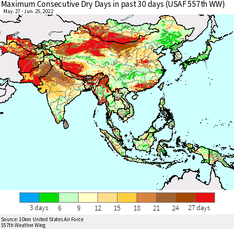 Asia Maximum Consecutive Dry Days in past 30 days (USAF 557th WW) 06/25/2022 Thematic Map For 6/21/2022 - 6/25/2022