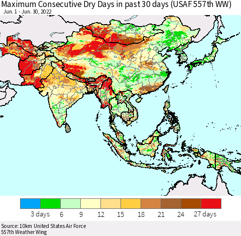 Asia Maximum Consecutive Dry Days in past 30 days (USAF 557th WW) 06/30/2022 Thematic Map For 6/26/2022 - 6/30/2022