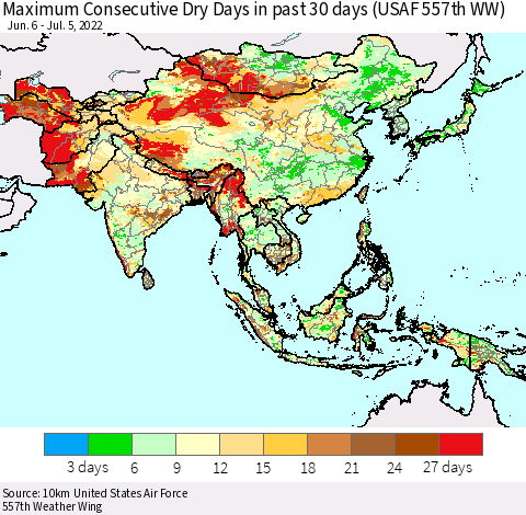 Asia Maximum Consecutive Dry Days in past 30 days (USAF 557th WW) 07/05/2022 Thematic Map For 7/1/2022 - 7/5/2022