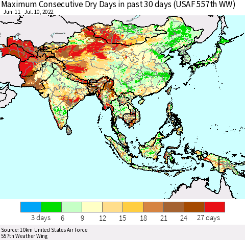 Asia Maximum Consecutive Dry Days in past 30 days (USAF 557th WW) 07/10/2022 Thematic Map For 7/6/2022 - 7/10/2022
