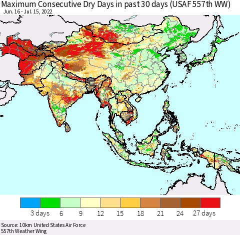 Asia Maximum Consecutive Dry Days in past 30 days (USAF 557th WW) 07/15/2022 Thematic Map For 7/11/2022 - 7/15/2022