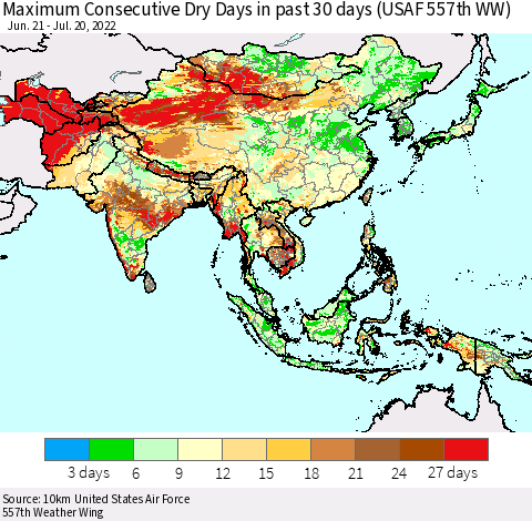 Asia Maximum Consecutive Dry Days in past 30 days (USAF 557th WW) 07/20/2022 Thematic Map For 7/16/2022 - 7/20/2022