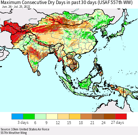 Asia Maximum Consecutive Dry Days in past 30 days (USAF 557th WW) 07/25/2022 Thematic Map For 7/21/2022 - 7/25/2022