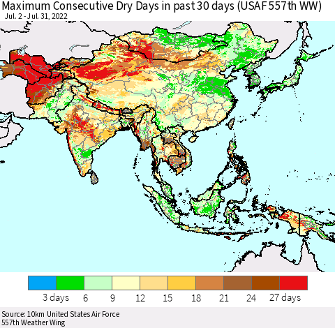 Asia Maximum Consecutive Dry Days in past 30 days (USAF 557th WW) 07/31/2022 Thematic Map For 7/26/2022 - 7/31/2022