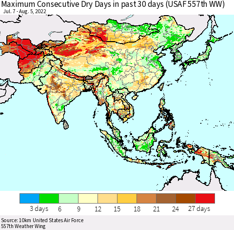 Asia Maximum Consecutive Dry Days in past 30 days (USAF 557th WW) 08/05/2022 Thematic Map For 8/1/2022 - 8/5/2022