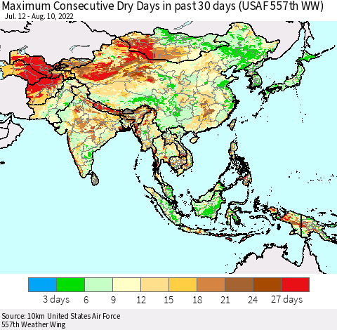 Asia Maximum Consecutive Dry Days in past 30 days (USAF 557th WW) 08/10/2022 Thematic Map For 8/6/2022 - 8/10/2022