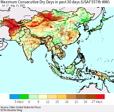 Asia Maximum Consecutive Dry Days in past 30 days (USAF 557th WW) 08/15/2022 Thematic Map For 8/11/2022 - 8/15/2022