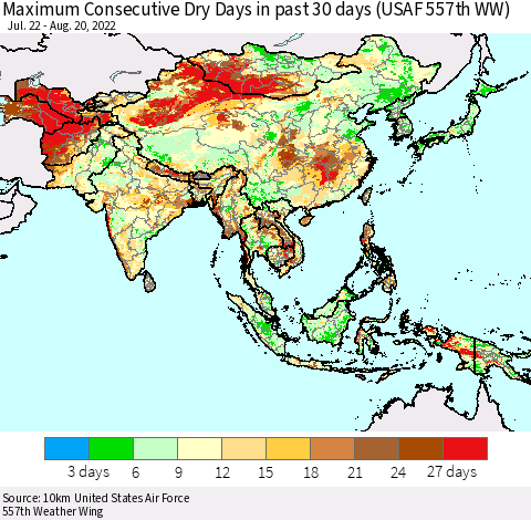 Asia Maximum Consecutive Dry Days in past 30 days (USAF 557th WW) 08/20/2022 Thematic Map For 8/16/2022 - 8/20/2022