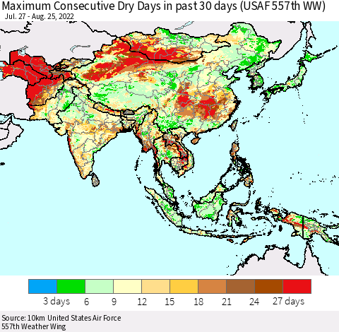 Asia Maximum Consecutive Dry Days in past 30 days (USAF 557th WW) 08/25/2022 Thematic Map For 8/21/2022 - 8/25/2022