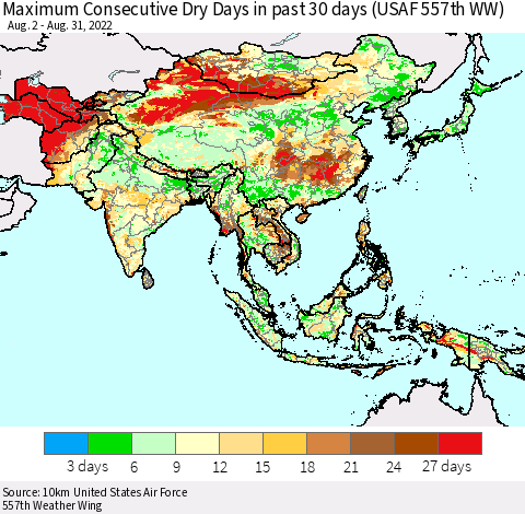 Asia Maximum Consecutive Dry Days in past 30 days (USAF 557th WW) 08/31/2022 Thematic Map For 8/26/2022 - 8/31/2022