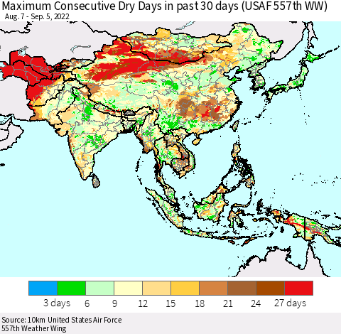 Asia Maximum Consecutive Dry Days in past 30 days (USAF 557th WW) 09/05/2022 Thematic Map For 9/1/2022 - 9/5/2022