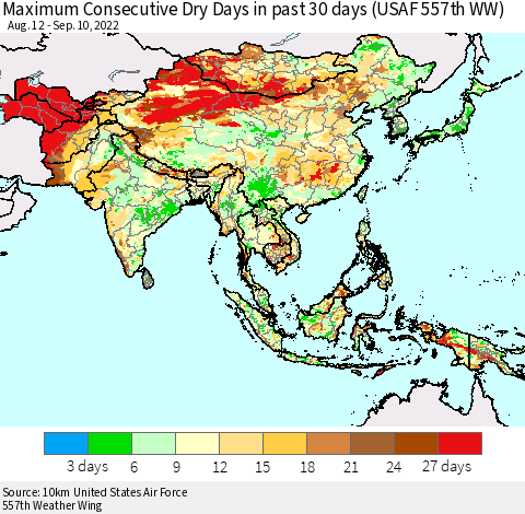 Asia Maximum Consecutive Dry Days in past 30 days (USAF 557th WW) 09/10/2022 Thematic Map For 9/6/2022 - 9/10/2022