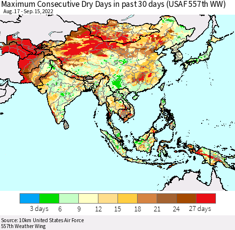 Asia Maximum Consecutive Dry Days in past 30 days (USAF 557th WW) 09/15/2022 Thematic Map For 9/11/2022 - 9/15/2022