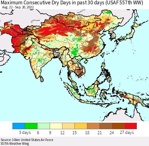Asia Maximum Consecutive Dry Days in past 30 days (USAF 557th WW) 09/20/2022 Thematic Map For 9/16/2022 - 9/20/2022