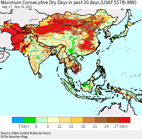 Asia Maximum Consecutive Dry Days in past 30 days (USAF 557th WW) 09/25/2022 Thematic Map For 9/21/2022 - 9/25/2022