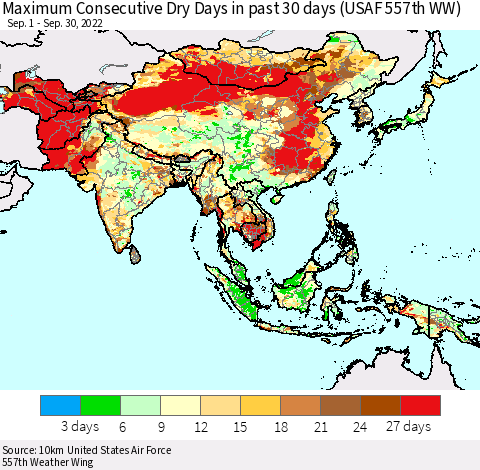 Asia Maximum Consecutive Dry Days in past 30 days (USAF 557th WW) 09/30/2022 Thematic Map For 9/26/2022 - 9/30/2022