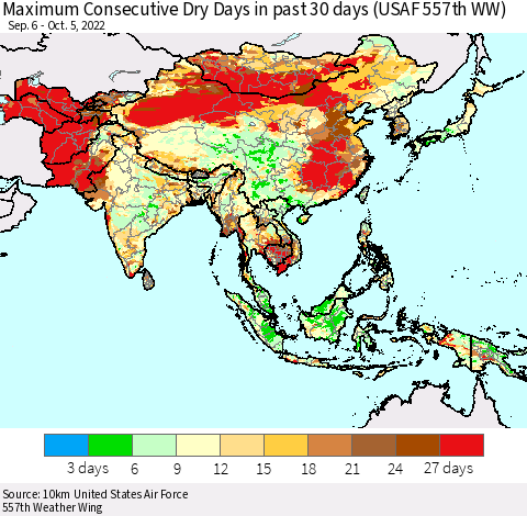 Asia Maximum Consecutive Dry Days in past 30 days (USAF 557th WW) 10/05/2022 Thematic Map For 10/1/2022 - 10/5/2022