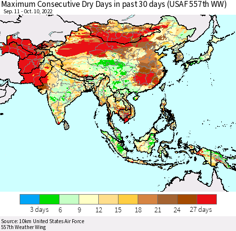 Asia Maximum Consecutive Dry Days in past 30 days (USAF 557th WW) 10/10/2022 Thematic Map For 10/6/2022 - 10/10/2022