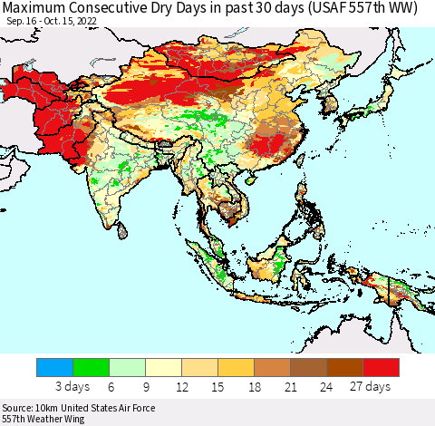 Asia Maximum Consecutive Dry Days in past 30 days (USAF 557th WW) 10/15/2022 Thematic Map For 10/11/2022 - 10/15/2022