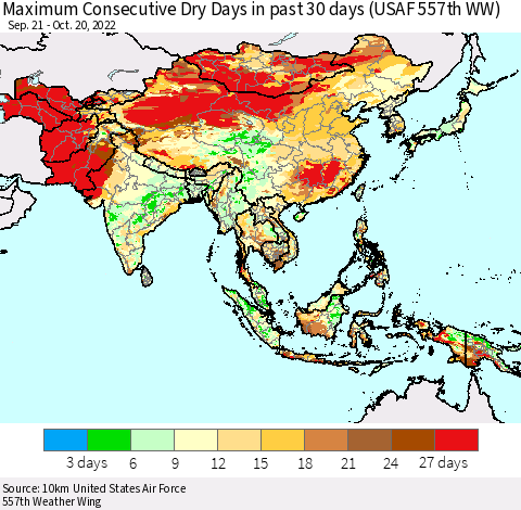 Asia Maximum Consecutive Dry Days in past 30 days (USAF 557th WW) 10/20/2022 Thematic Map For 10/16/2022 - 10/20/2022