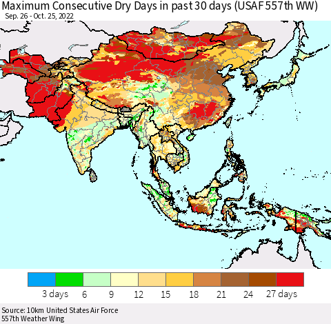 Asia Maximum Consecutive Dry Days in past 30 days (USAF 557th WW) 10/25/2022 Thematic Map For 10/21/2022 - 10/25/2022
