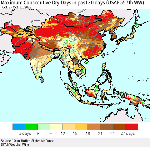 Asia Maximum Consecutive Dry Days in past 30 days (USAF 557th WW) 10/31/2022 Thematic Map For 10/26/2022 - 10/31/2022