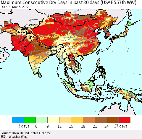 Asia Maximum Consecutive Dry Days in past 30 days (USAF 557th WW) 11/05/2022 Thematic Map For 11/1/2022 - 11/5/2022