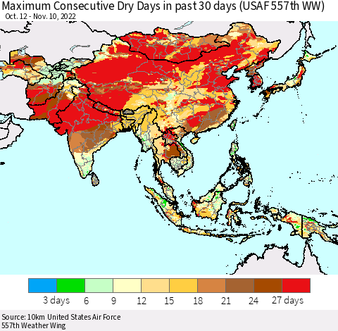 Asia Maximum Consecutive Dry Days in past 30 days (USAF 557th WW) 11/10/2022 Thematic Map For 11/6/2022 - 11/10/2022