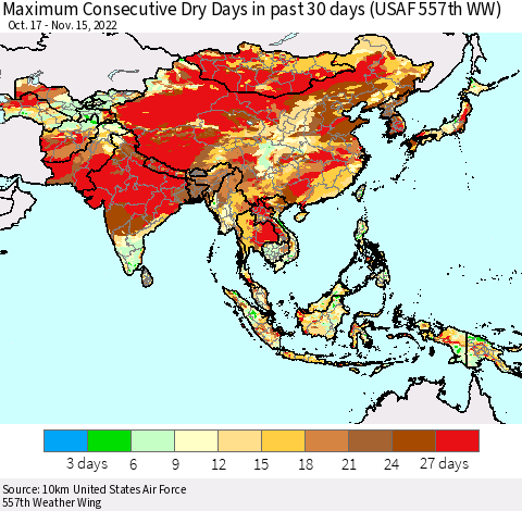 Asia Maximum Consecutive Dry Days in past 30 days (USAF 557th WW) 11/15/2022 Thematic Map For 11/11/2022 - 11/15/2022