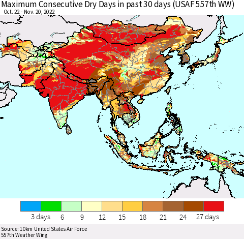 Asia Maximum Consecutive Dry Days in past 30 days (USAF 557th WW) 11/20/2022 Thematic Map For 11/16/2022 - 11/20/2022