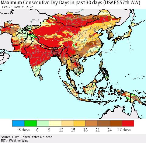 Asia Maximum Consecutive Dry Days in past 30 days (USAF 557th WW) 11/25/2022 Thematic Map For 11/21/2022 - 11/25/2022