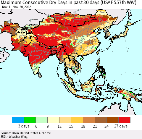 Asia Maximum Consecutive Dry Days in past 30 days (USAF 557th WW) 11/30/2022 Thematic Map For 11/26/2022 - 11/30/2022