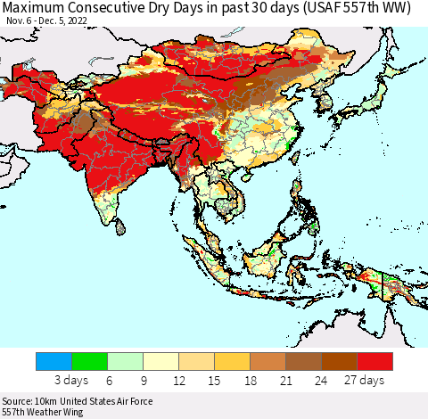 Asia Maximum Consecutive Dry Days in past 30 days (USAF 557th WW) 12/05/2022 Thematic Map For 12/1/2022 - 12/5/2022